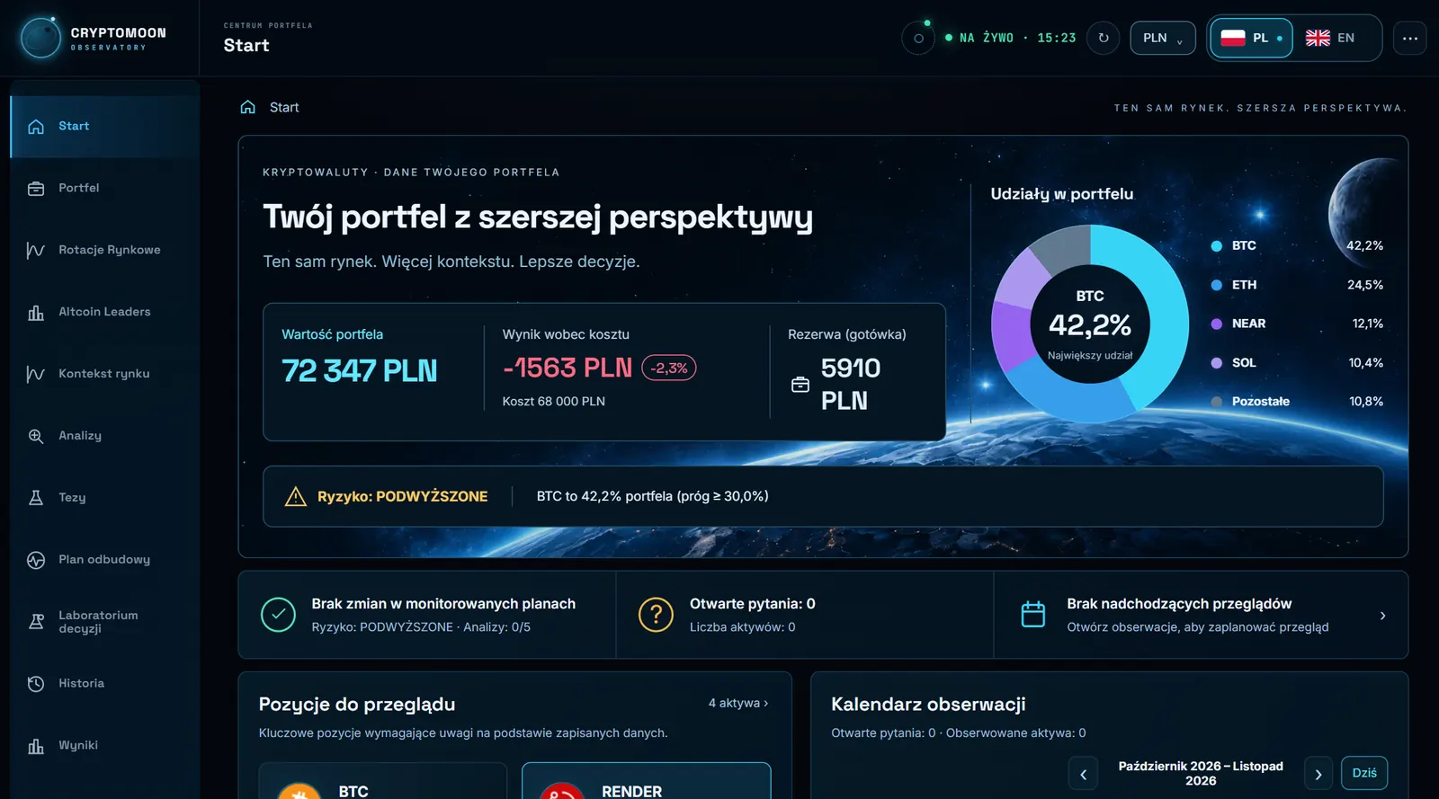 Pełny ekran startowy aplikacji CryptoMoon z danymi demonstracyjnymi