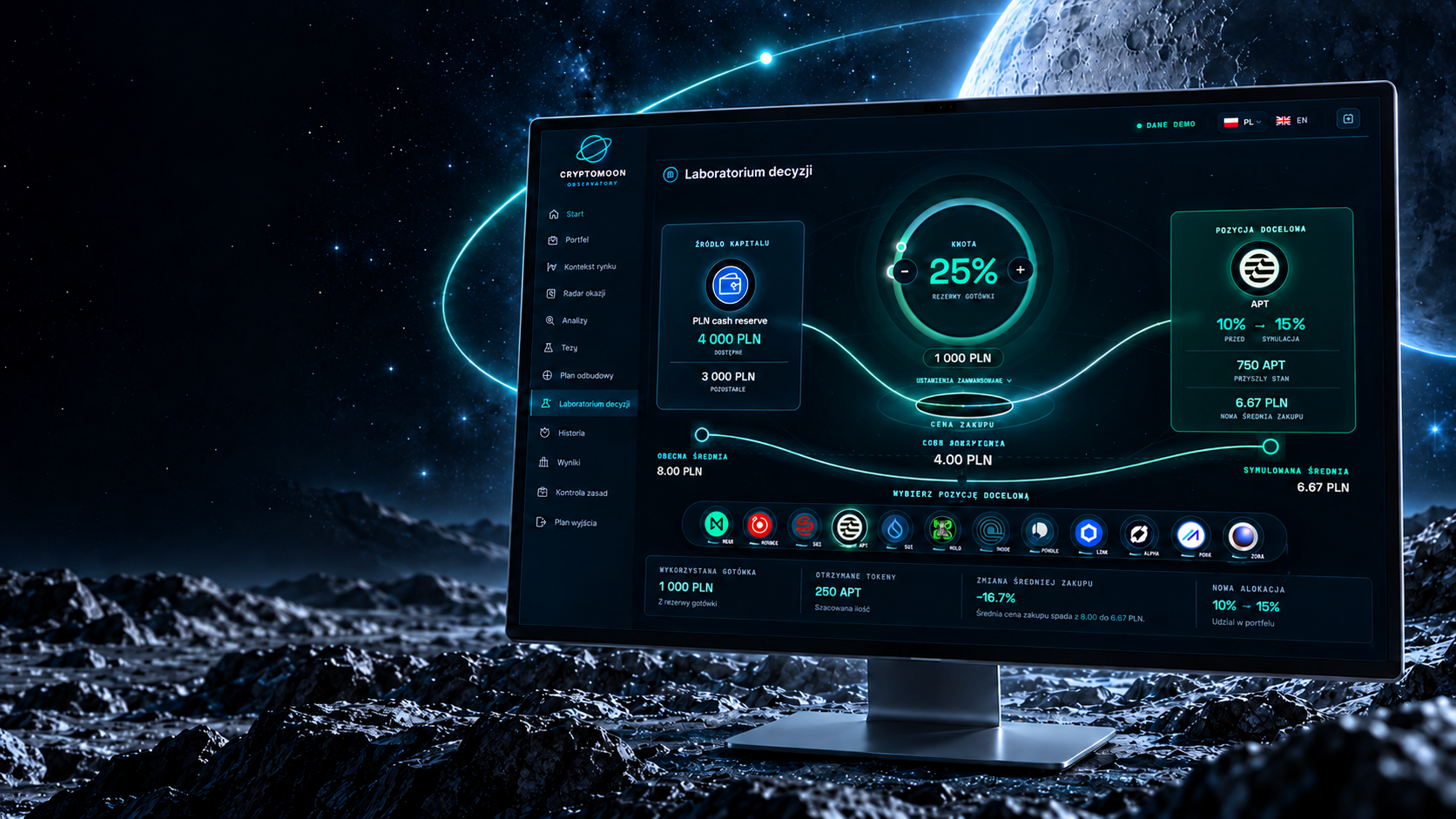 Wizualizacja laboratorium decyzji CryptoMoon: symulacja zakupu i zmiany udziału pozycji